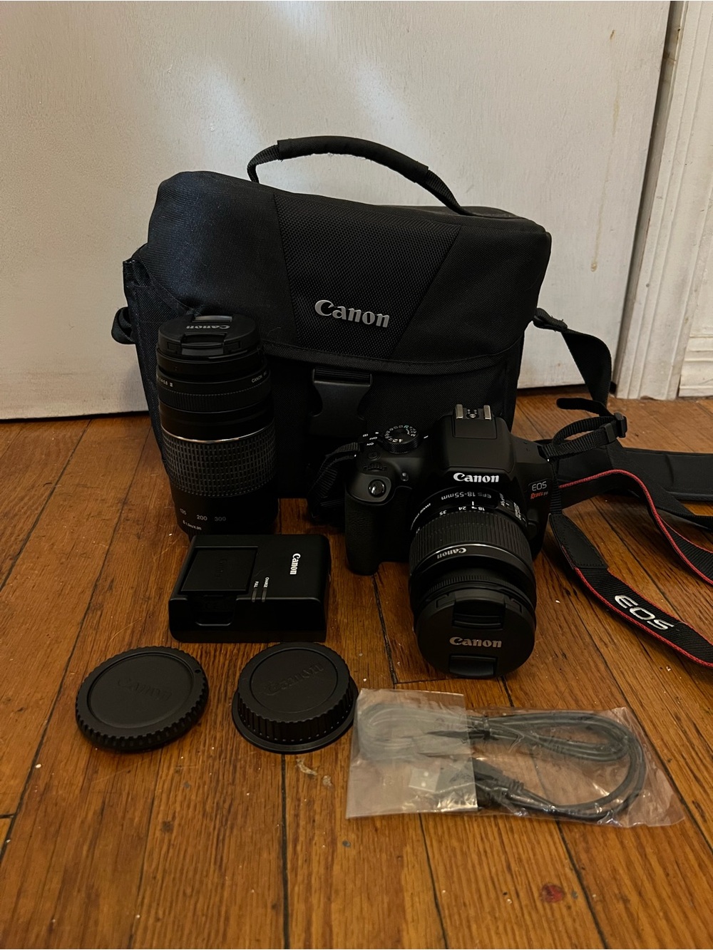 Canon DSLR Camera Kit with Black Gear and Red-Trim Strap
